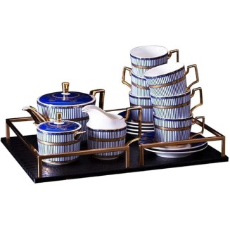 Court Style Teapot Japanese, European Blue Coffee Cup Set Simple Chinese and English Afternoon Tea Set Home Embossed Gold Tea Set
