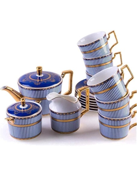 Court Style Teapot Japanese, European Blue Coffee Cup Set Simple Chinese and English Afternoon Tea Set Home Embossed Gold Tea Set