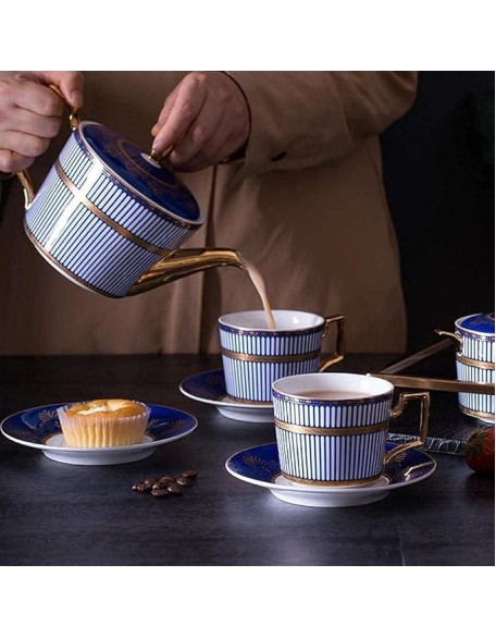 Court Style Teapot Japanese, European Blue Coffee Cup Set Simple Chinese and English Afternoon Tea Set Home Embossed Gold Tea Set