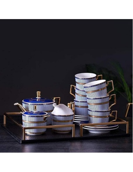 Court Style Teapot Japanese, European Blue Coffee Cup Set Simple Chinese and English Afternoon Tea Set Home Embossed Gold Tea Set
