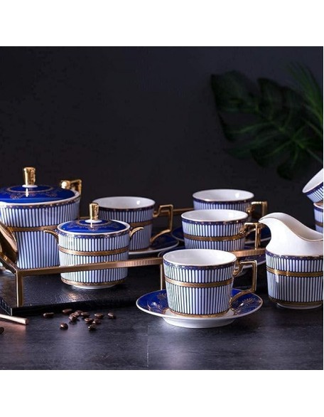 Court Style Teapot Japanese, European Blue Coffee Cup Set Simple Chinese and English Afternoon Tea Set Home Embossed Gold Tea Set
