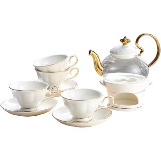 Tea Coffee Cup Set European Style Luxurious Gold Trim Ceramic Tea Cup Set Including 6 Pcs