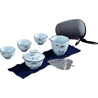 Chinese Teapot Set with 3 Tea Cups Ceramic Tea Set with 1 Teapot 2 Tea Cups and 1 Tea Cloth Portable Bag,B