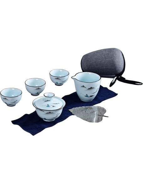 Chinese Teapot Set with 3 Tea Cups Ceramic Tea Set with 1 Teapot 2 Tea Cups and 1 Tea Cloth Portable Bag,B