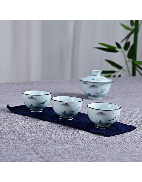 Chinese Teapot Set with 3 Tea Cups Ceramic Tea Set with 1 Teapot 2 Tea Cups and 1 Tea Cloth Portable Bag,B