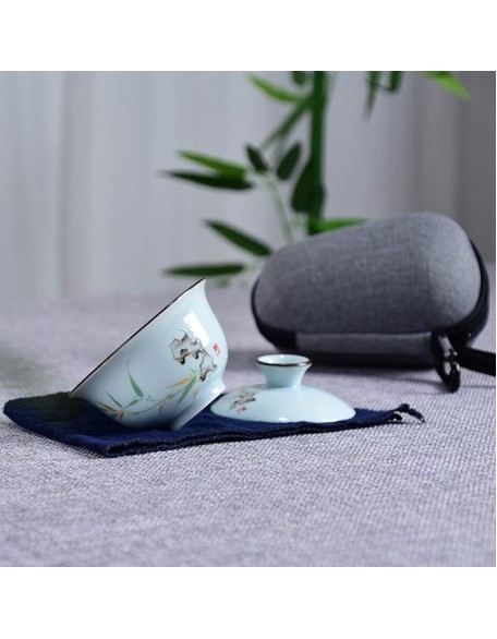 Chinese Teapot Set with 3 Tea Cups Ceramic Tea Set with 1 Teapot 2 Tea Cups and 1 Tea Cloth Portable Bag,B
