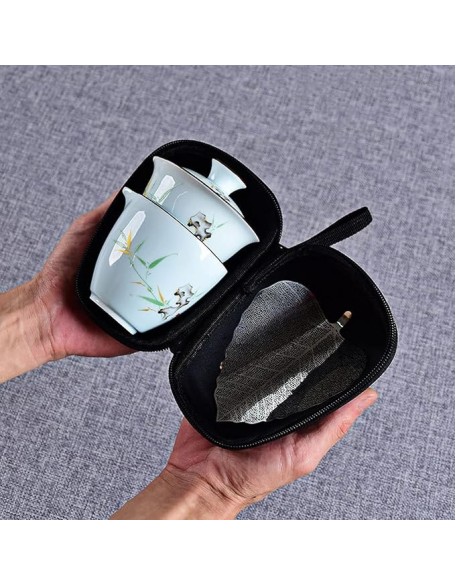Chinese Teapot Set with 3 Tea Cups Ceramic Tea Set with 1 Teapot 2 Tea Cups and 1 Tea Cloth Portable Bag,B