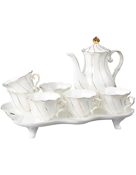 Tea Set Coffee Cup Set Tea Cup Set 8 Pieces Tea Set Gold Trim Glazed Porcelain Coffee and Tea Service Set