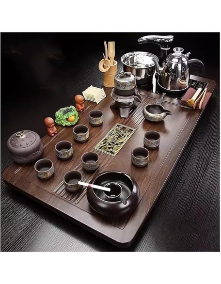 Chinese Kung Fu Tea Set,Home Automatic Teapot,Gongfu Tea Set,Tea Ceremony,Tea Cup,Electric Stove,Tea Table,Solid Wood Tea Tray,Ceramic Tea Set(Style-2)