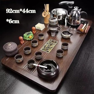 Chinese Kung Fu Tea Set,Home Automatic Teapot,Gongfu Tea Set,Tea Ceremony,Tea Cup,Electric Stove,Tea Table,Solid Wood Tea Tray,Ceramic Tea Set(Style-2)