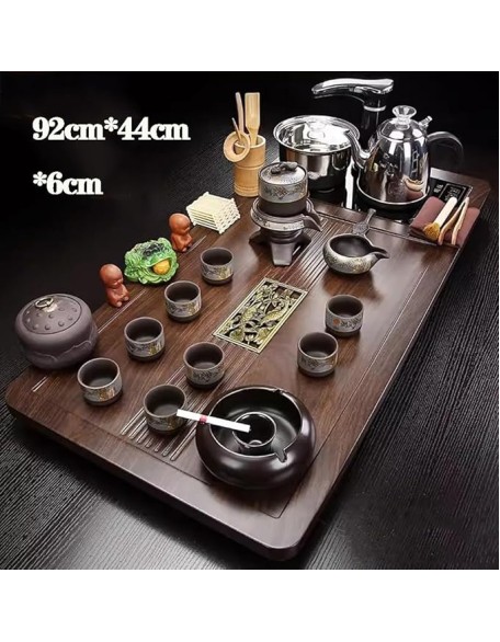 Chinese Kung Fu Tea Set,Home Automatic Teapot,Gongfu Tea Set,Tea Ceremony,Tea Cup,Electric Stove,Tea Table,Solid Wood Tea Tray,Ceramic Tea Set(Style-2)