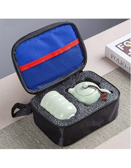 Portable Ceramic Pot Travel Kung Fu Tea Pot Real Estate Companion Gift Box Chinese Cup Set of Celadon Tray) (Green 21.5 * 14.5 * 8.5cm(two cup))