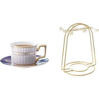 Tea Set 8 Pieces Gold Trim Glazed Porcelain Coffee and Tea Service Set with 6 Piece Cups and Teapot Tray Afternoon Tea Drinkware Coffee Set Household Ceramic Tea s