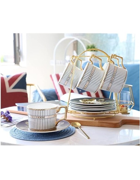 Tea Set 8 Pieces Gold Trim Glazed Porcelain Coffee and Tea Service Set with 6 Piece Cups and Teapot Tray Afternoon Tea Drinkware Coffee Set Household Ceramic Tea s