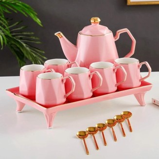 Ceramic Coffee Tea Set Nordic Drawing Gold Green Coffee Pot Cup Milk Jug Sugar Bowl Tray Set Home Afternoon Tea Set (Color : Pink) (Pink)