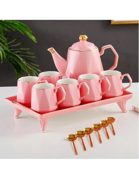 Ceramic Coffee Tea Set Nordic Drawing Gold Green Coffee Pot Cup Milk Jug Sugar Bowl Tray Set Home Afternoon Tea Set (Color : Pink) (Pink)