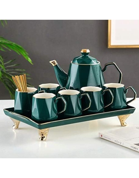 Ceramic Coffee Tea Set Nordic Drawing Gold Green Coffee Pot Cup Milk Jug Sugar Bowl Tray Set Home Afternoon Tea Set (Color : Pink) (Pink)