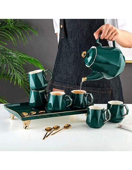 Ceramic Coffee Tea Set Nordic Drawing Gold Green Coffee Pot Cup Milk Jug Sugar Bowl Tray Set Home Afternoon Tea Set (Color : Pink) (Pink)
