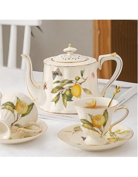 Bone China White Gold Lemon Teapot Coffee Cup Saucer Set Nordic Kitchen Drinkware for Coffee Tea Milk Water