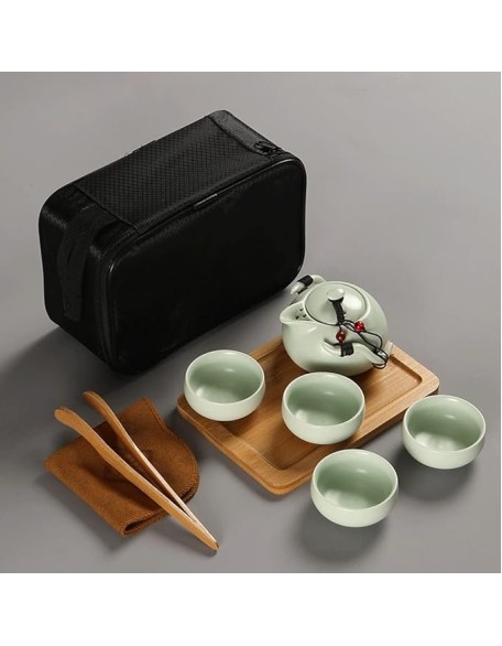 Tea Set, Chinese Tea Set Kung Fu Tea Set Ceramic Portable Teapot Porcelain Teaset Gaiwan Tea Cups of Tea Ceremony Tea Tool (White 22 * 14 * 9cm) (Green 22 * 14 * 9c