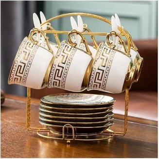 Tea Cup Set Porcelain Tea Cup Set Bone China Cofeee Cups Set with Saucers Spoon and Metal Stand Cups