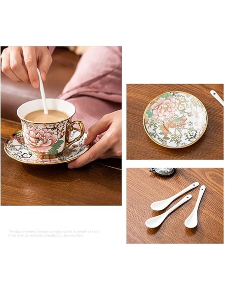Tea Cup Set Porcelain Tea Cup Set Bone China Cofeee Cups Set with Saucers Spoon and Metal Stand Cups