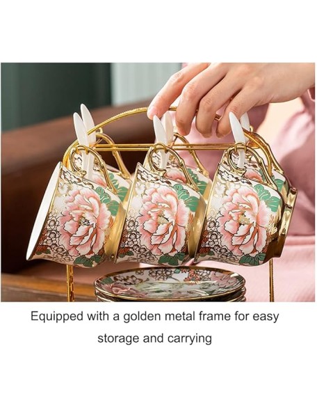 Tea Cup Set Porcelain Tea Cup Set Bone China Cofeee Cups Set with Saucers Spoon and Metal Stand Cups