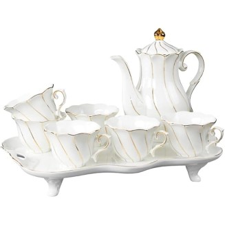 Porcelain Tea Set, Tea Set Coffee Cup Set Tea Cup Set 8 Pieces Tea Set Gold Trim Glazed Porcelain Coffee and Tea Service Set