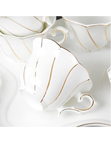 Porcelain Tea Set, Tea Set Coffee Cup Set Tea Cup Set 8 Pieces Tea Set Gold Trim Glazed Porcelain Coffee and Tea Service Set