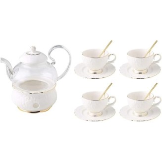 Tea Set Coffee Cup Set Tea Cup Set Glass Teapot with Candle Holder Clear Tea Pot Flower Tea Set Ceramics Coffee Set Tea Office Home (White 13pcs)