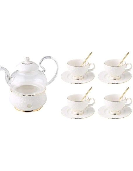 Tea Set Coffee Cup Set Tea Cup Set Glass Teapot with Candle Holder Clear Tea Pot Flower Tea Set Ceramics Coffee Set Tea Office Home (White 13pcs)