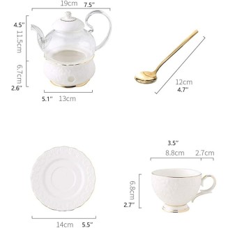 Tea Set Coffee Cup Set Tea Cup Set Glass Teapot with Candle Holder Clear Tea Pot Flower Tea Set Ceramics Coffee Set Tea Office Home (White 13pcs)