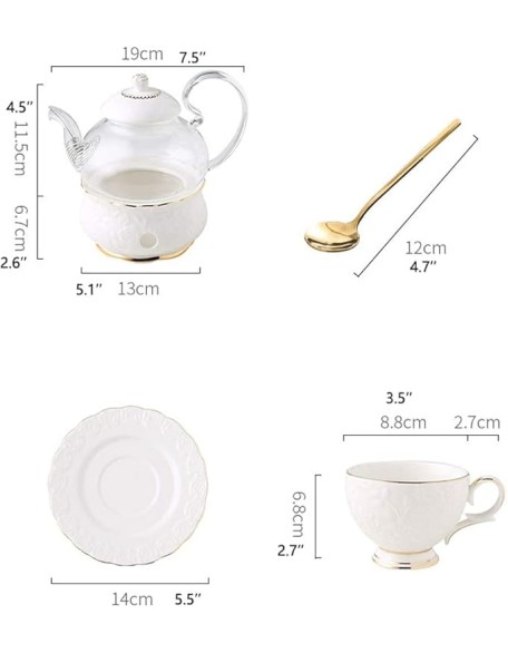 Tea Set Coffee Cup Set Tea Cup Set Glass Teapot with Candle Holder Clear Tea Pot Flower Tea Set Ceramics Coffee Set Tea Office Home (White 13pcs)