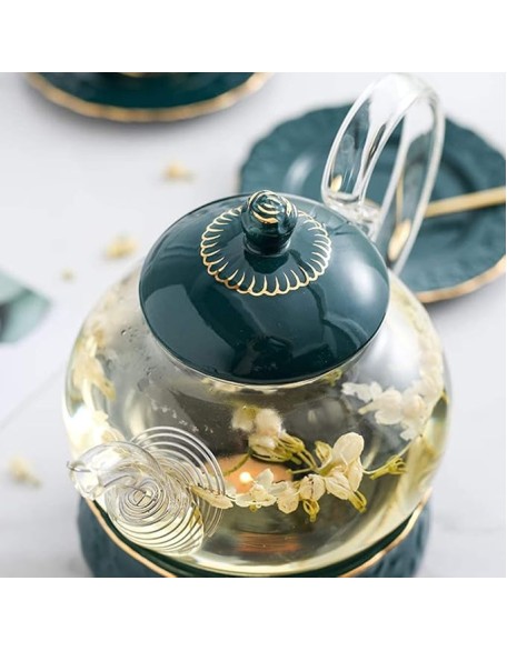 Tea Set Coffee Cup Set Tea Cup Set Glass Teapot with Candle Holder Clear Tea Pot Flower Tea Set Ceramics Coffee Set Tea Office Home (White 13pcs)