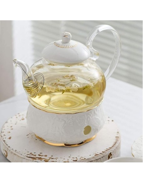 Tea Set Coffee Cup Set Tea Cup Set Glass Teapot with Candle Holder Clear Tea Pot Flower Tea Set Ceramics Coffee Set Tea Office Home (White 13pcs)