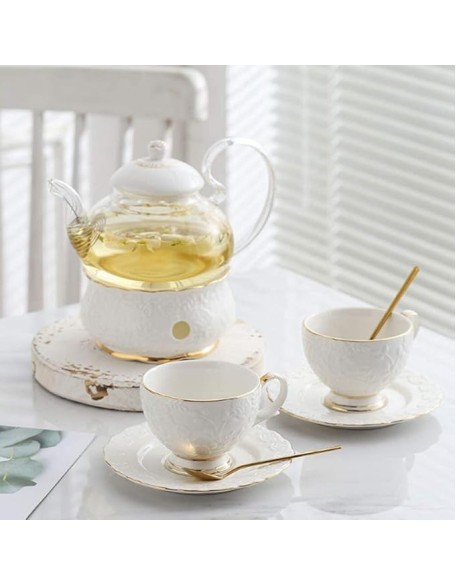 Tea Set Coffee Cup Set Tea Cup Set Glass Teapot with Candle Holder Clear Tea Pot Flower Tea Set Ceramics Coffee Set Tea Office Home (White 13pcs)