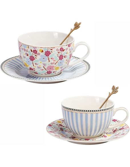 Court Style Coffee Cup and Saucer Set Cups Porcelain Teacups Floral Ceramic Tea Coffee s Set of 2 for Home and Office