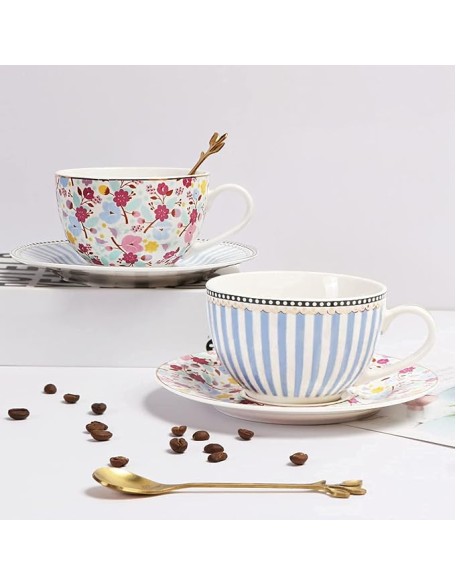 Court Style Coffee Cup and Saucer Set Cups Porcelain Teacups Floral Ceramic Tea Coffee s Set of 2 for Home and Office