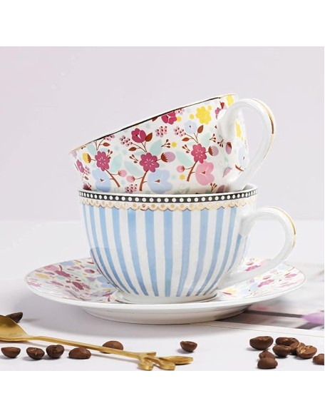 Court Style Coffee Cup and Saucer Set Cups Porcelain Teacups Floral Ceramic Tea Coffee s Set of 2 for Home and Office