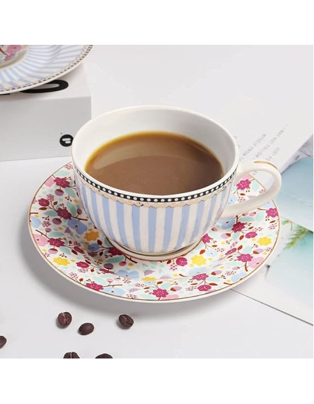 Court Style Coffee Cup and Saucer Set Cups Porcelain Teacups Floral Ceramic Tea Coffee s Set of 2 for Home and Office