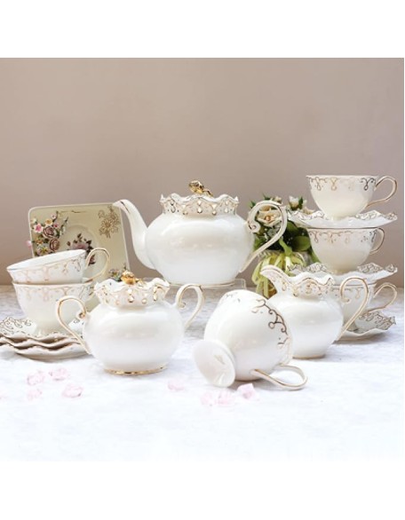 15 Pieces Porcelain Tea Sets with Teapot Tea Cups and Saucer Set Bone China Coffee Cups Sets Ceramic Tea Service