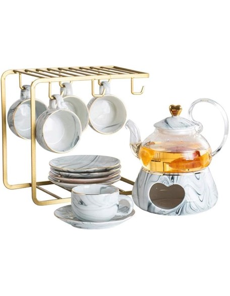 Tea Set, Teacup Set Nordic Luxury Ceramic Tea Set Afternoon Tea Set Porcelain Candle Heating Glass Teapot Cups Saucer Cup Holder Kit Tea Service