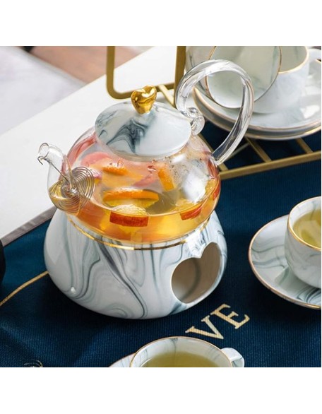 Tea Set, Teacup Set Nordic Luxury Ceramic Tea Set Afternoon Tea Set Porcelain Candle Heating Glass Teapot Cups Saucer Cup Holder Kit Tea Service