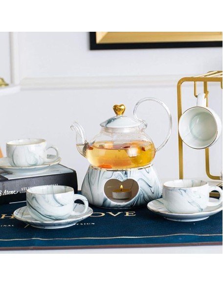 Tea Set, Teacup Set Nordic Luxury Ceramic Tea Set Afternoon Tea Set Porcelain Candle Heating Glass Teapot Cups Saucer Cup Holder Kit Tea Service