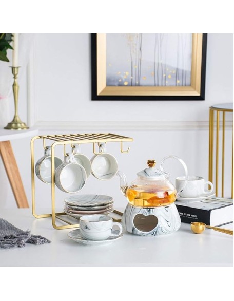 Tea Set, Teacup Set Nordic Luxury Ceramic Tea Set Afternoon Tea Set Porcelain Candle Heating Glass Teapot Cups Saucer Cup Holder Kit Tea Service