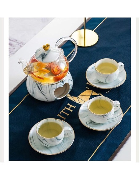 Tea Set, Teacup Set Nordic Luxury Ceramic Tea Set Afternoon Tea Set Porcelain Candle Heating Glass Teapot Cups Saucer Cup Holder Kit Tea Service