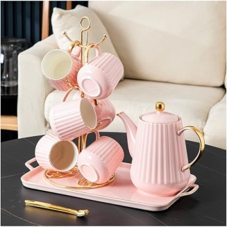 Tea Set Coffee Cup Set Tea Cup Set 9 Piece Coffee Set Tea with Cup Holder and Tray Tea Set Afternoon Tea Piece Ceramic Tea Set Tea Coffee Tea (Pink 9pcs)