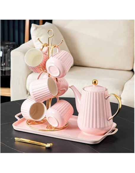 Tea Set Coffee Cup Set Tea Cup Set 9 Piece Coffee Set Tea with Cup Holder and Tray Tea Set Afternoon Tea Piece Ceramic Tea Set Tea Coffee Tea (Pink 9pcs)