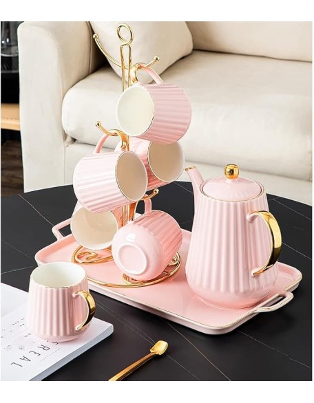 Tea Set Coffee Cup Set Tea Cup Set 9 Piece Coffee Set Tea with Cup Holder and Tray Tea Set Afternoon Tea Piece Ceramic Tea Set Tea Coffee Tea (Pink 9pcs)
