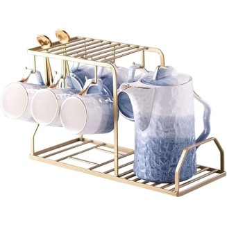 Tea Set Coffee Cup Set Tea Cup Set 14 Pieces Nordic Luxury Ceramic Tea Set with Iron Art Cup Holder Coffee Cups Set Tea Cup Set Teapot Set